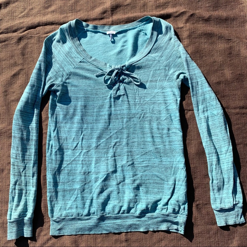 Splendid cotton French terry long sleeved knit shirt in blue and grey space-dye